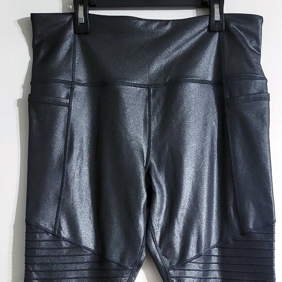 Athleta Womens Inclination Moto Tight Leggings Size L Metallic Black Pockets - Picture 2 of 12